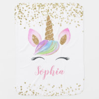 Gold Glitter Unicorn Rainbow Personalized Name Baby Blanket