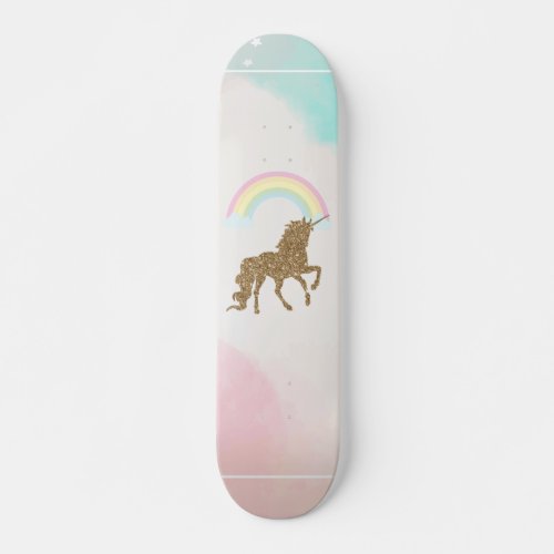 Gold Glitter Unicorn Rainbow Skateboard