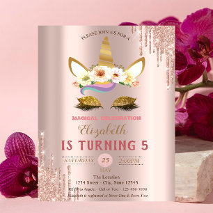Gold Glitter Unicorn,Rose Gold Drips Birthday Invitation