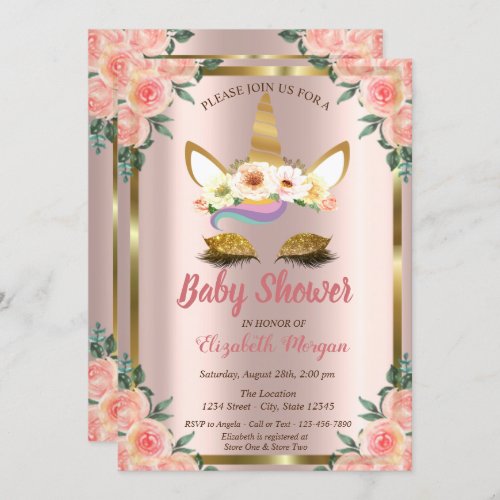 Gold Glitter Unicorn Roses Crown Baby Shower Invit Invitation