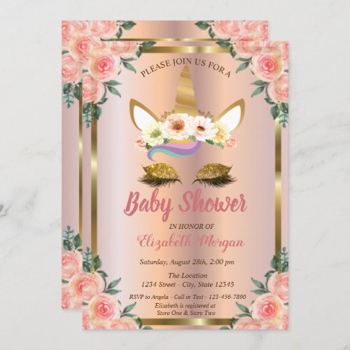 Gold Glitter Unicorn Roses Crown Baby Shower Invitation