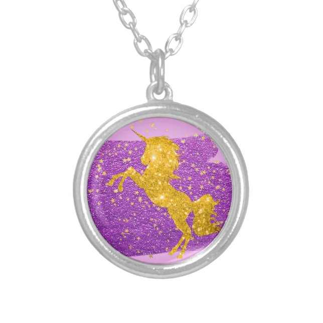 Gold Glitter Unicorn Silver Plated Necklace (Front)