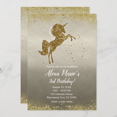 Gold Glitter Unicorn Stars Glam Birthday Party Invitation