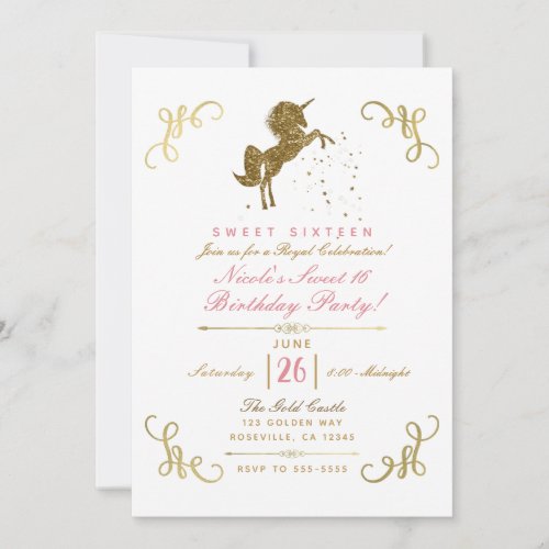 Gold Glitter Unicorn Stars Storybook Corners Party Invitation