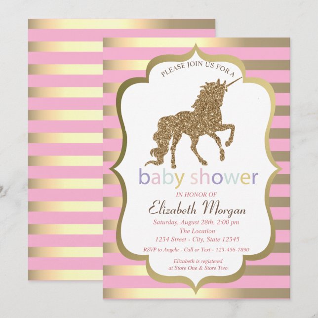Gold Glitter Unicorn,Stripe Baby Shower Invitation (Front/Back)