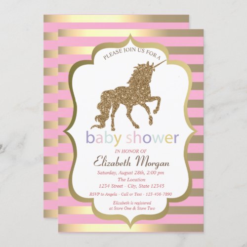 Gold Glitter UnicornStripe Baby Shower Invitation