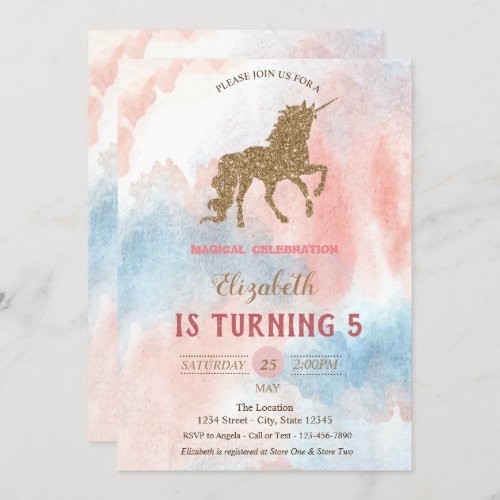 Gold Glitter Unicorn Watercolor Invitation