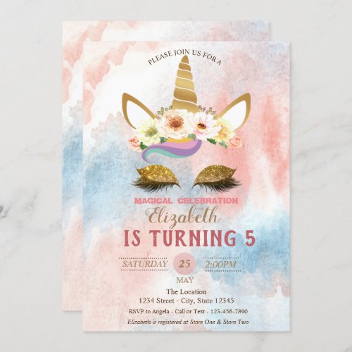 Gold Glitter Unicorn Watercolor Splash Birthday Invitation