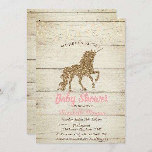 Gold Glitter Unicorn Wood Texture Baby Shower Invitation