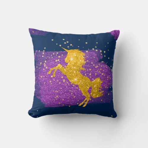 Gold Glitter Unicorns on Blue Throw Pillow