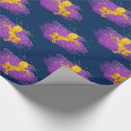 Gold Glitter Unicorns on Blue Wrapping Paper