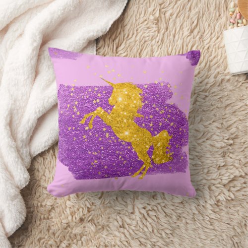 Gold Glitter Unicorns on Pink Throw Pillow