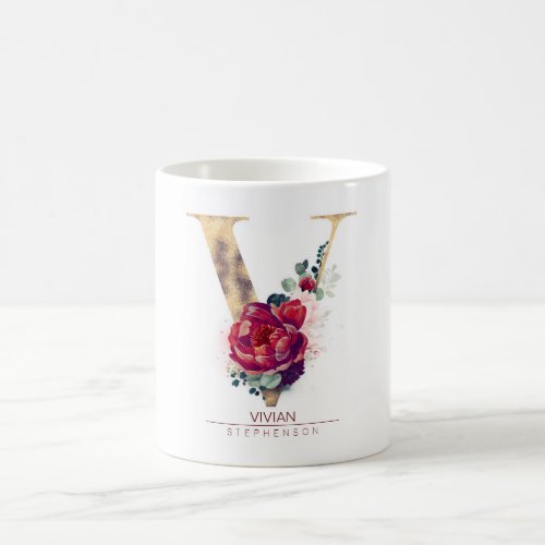Gold Glitter V Monogram Floral Burgundy Red Coffee Mug