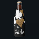 Gold Glitter Vegas Bride Custom Bottle Cooler<br><div class="desc">Class up that long neck with a fully personalized "Bride" can cooler featuring a scatter of card suits in glitzy gold glitter and black with personalized text for the bride's name. Gather the girls to celebrate the bride to be with a weekend in lucky Las Vegas or simply a night...</div>