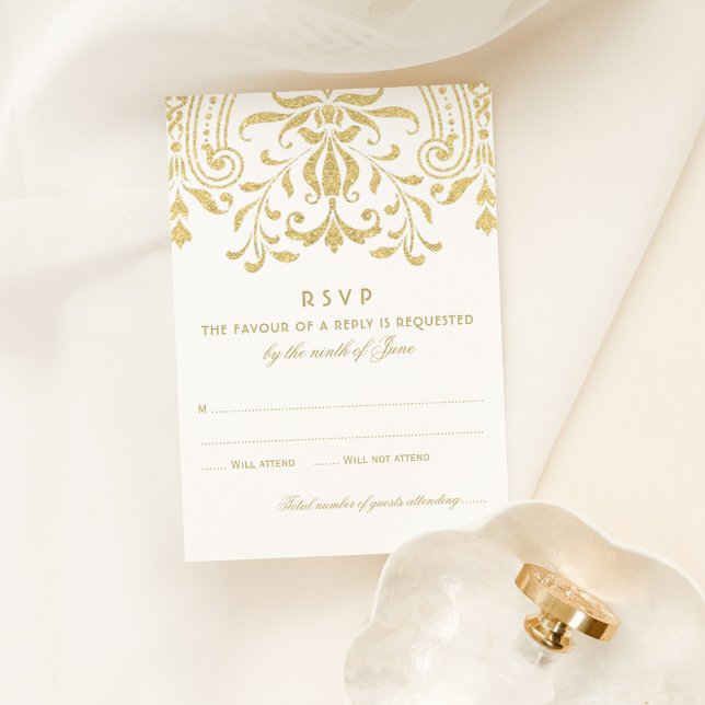 Gold Glitter Vintage Damask RSVP Card (Creator Uploaded)