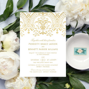 Gold Glitter Vintage Damask Wedding Invitation