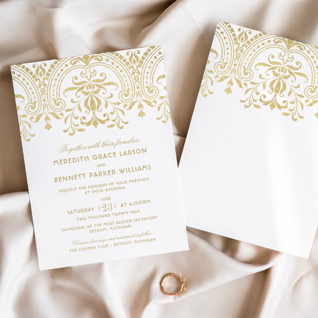 Gold Glitter Vintage Damask Wedding Invitation (Creator Uploaded)