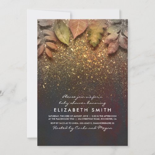 Gold Glitter Vintage Fall Leaves Baby Shower Invitation