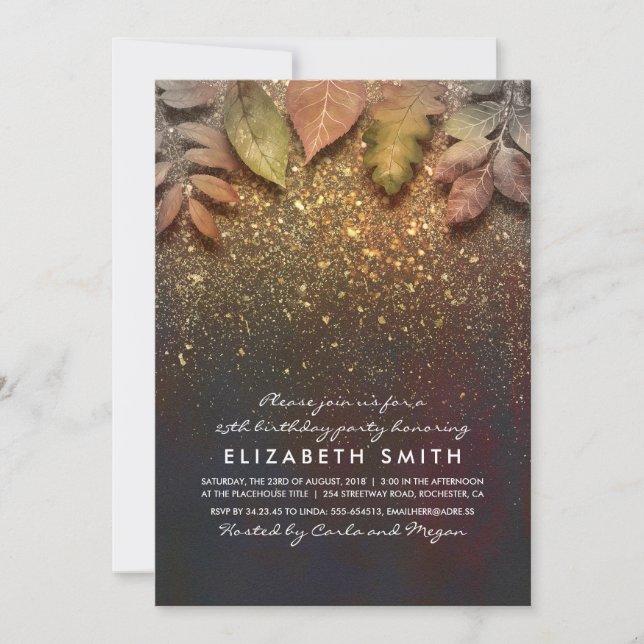 Gold Glitter Vintage Fall Leaves Birthday Party Invitation (Front)