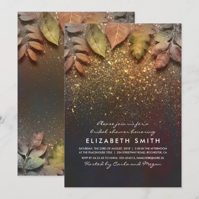 Gold Glitter Vintage Fall Leaves Bridal Shower Invitation (Front/Back)