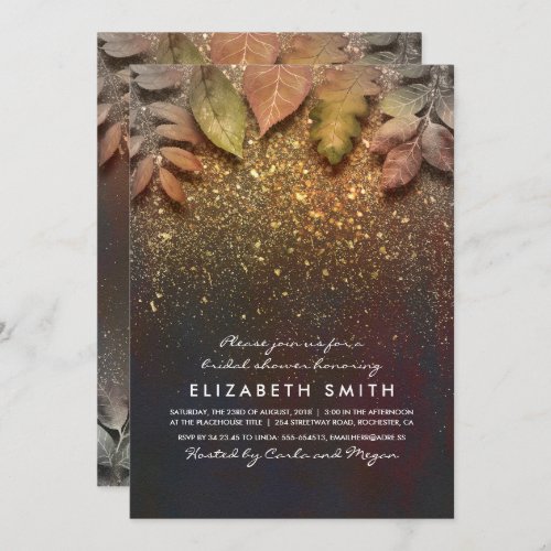 Gold Glitter Vintage Fall Leaves Bridal Shower Invitation