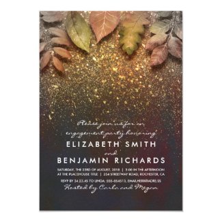 Gold Glitter Vintage Fall Leaves Engagement Party Card
