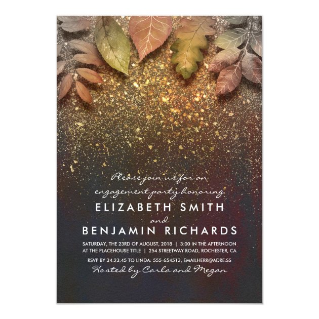 Gold Glitter Vintage Fall Leaves Engagement Party Invitation