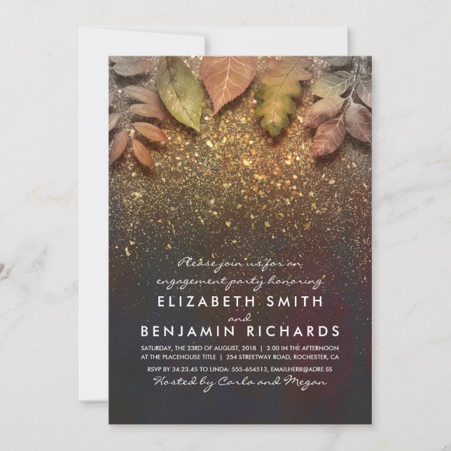 Gold Glitter Vintage Fall Leaves Engagement Party Invitation (Front)