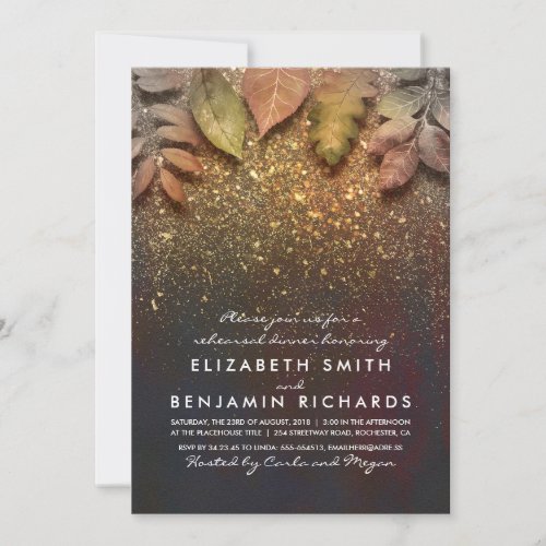 Gold Glitter Vintage Fall Leaves Rehearsal Dinner Invitation