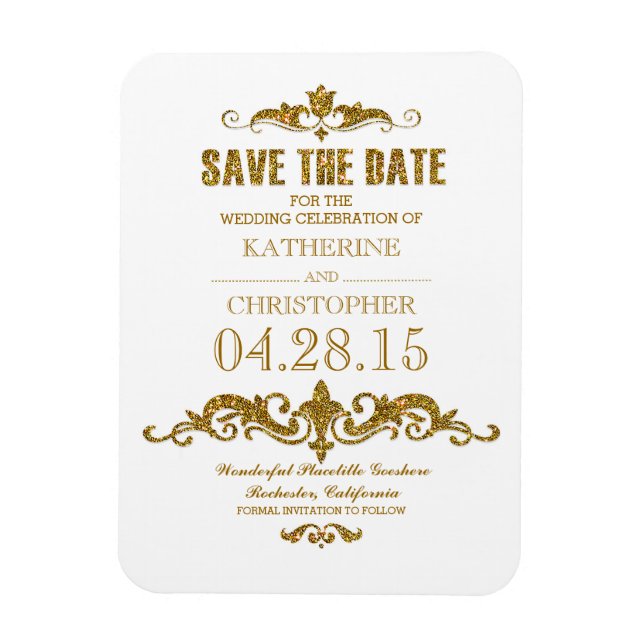 gold glitter vintage save the date magnet (Vertical)