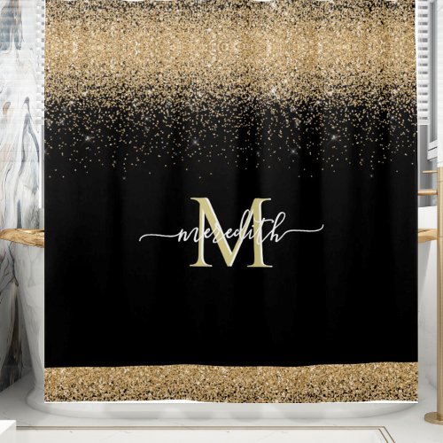 Gold Glitter wBlack Custom Monogram First Name  Shower Curtain