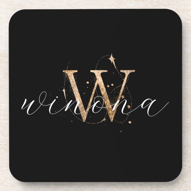 Gold Glitter W Initial Script Name Modern Elegant Beverage Coaster (Front)