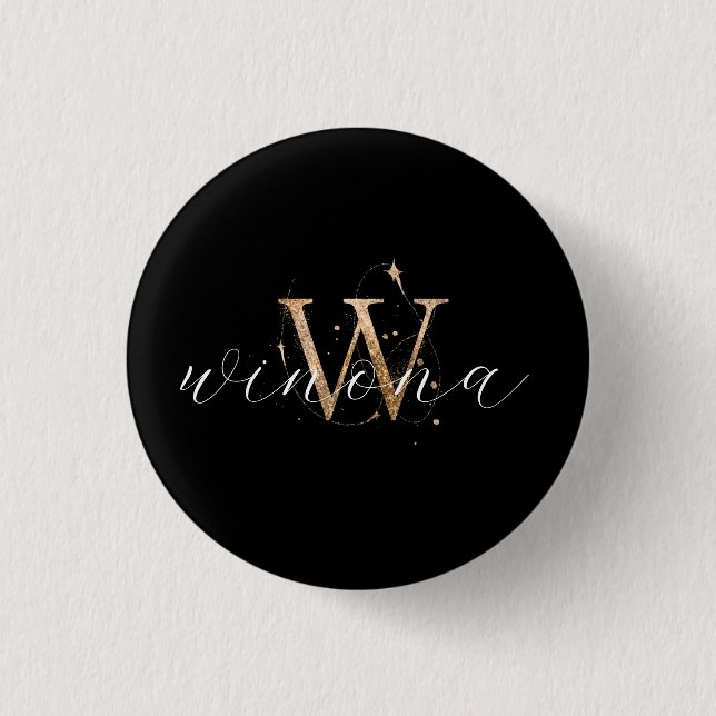 Gold Glitter W Initial Script Name Modern Elegant Button (Front)