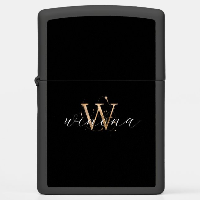 Gold Glitter W Initial Script Name Modern Elegant Zippo Lighter (Front)