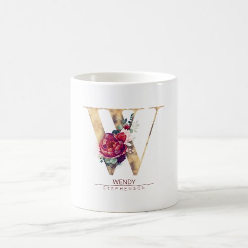 Gold Glitter W Monogram Floral Burgundy Red Coffee Mug