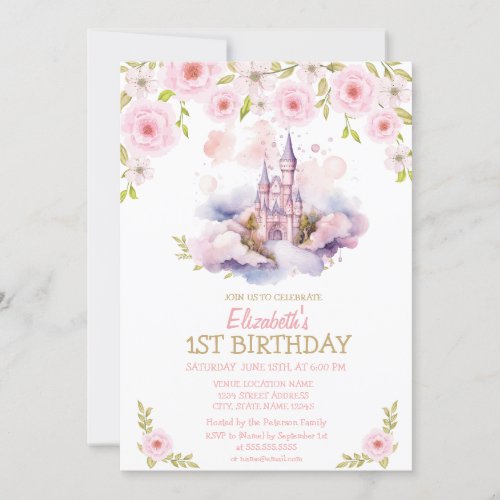 Gold Glitter Watercolor CastleFloral Birthday  Invitation