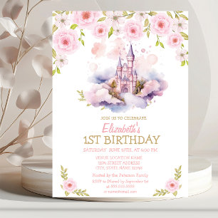 Gold Glitter, Watercolor Castle,Floral Birthday Invitation