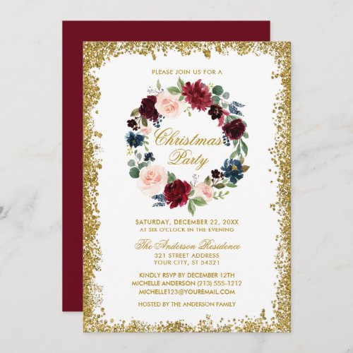 Gold Glitter Watercolor Floral Christmas Party Invitation