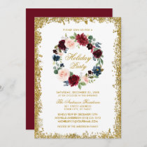 Gold Glitter Watercolor Floral Holiday Party Invitation
