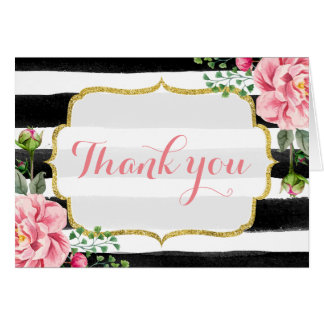 Gold Glitter Watercolor Floral Stripes Thank You Card