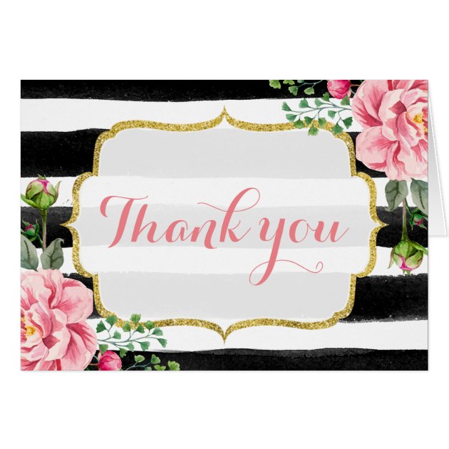 Gold Glitter Watercolor Floral Stripes Thank You Card