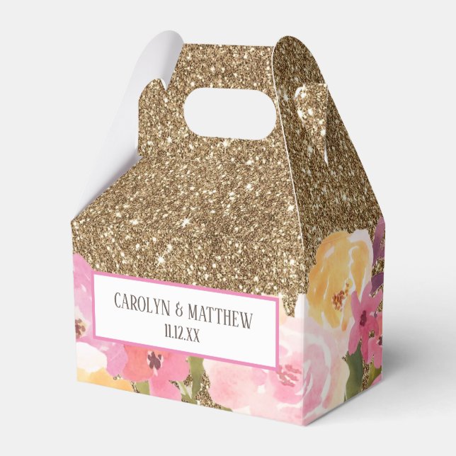 Gold Glitter Watercolor Floral Wedding Favor Boxes (Front Side)