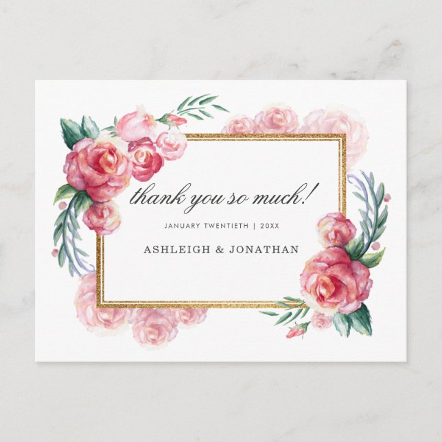 Gold Glitter & Watercolor Flowers | Thank You Postcard (Front)