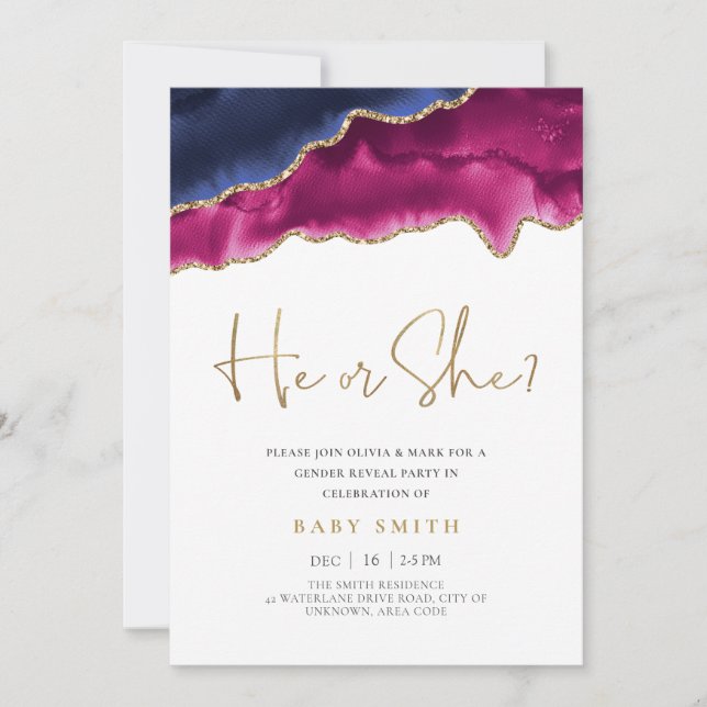 Gold glitter watercolor gender reveal invite (Front)