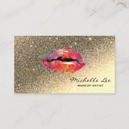 Gold Glitter Watercolor Lips Makeup Artist Salon Business Card