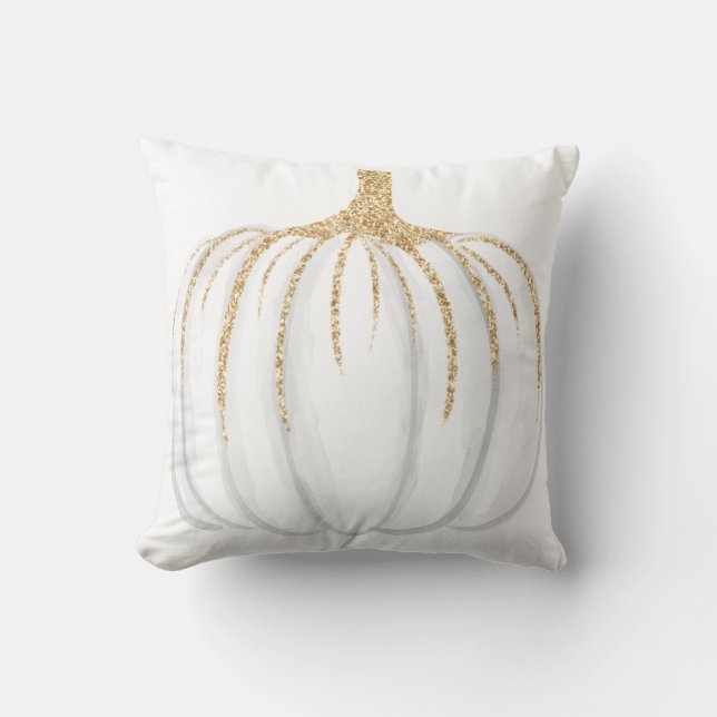 Gold Glitter Watercolor Pumpkin Throw Pillow (Front)