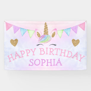 Gold Glitter Watercolor Rainbow Unicorn Girl Party Banner