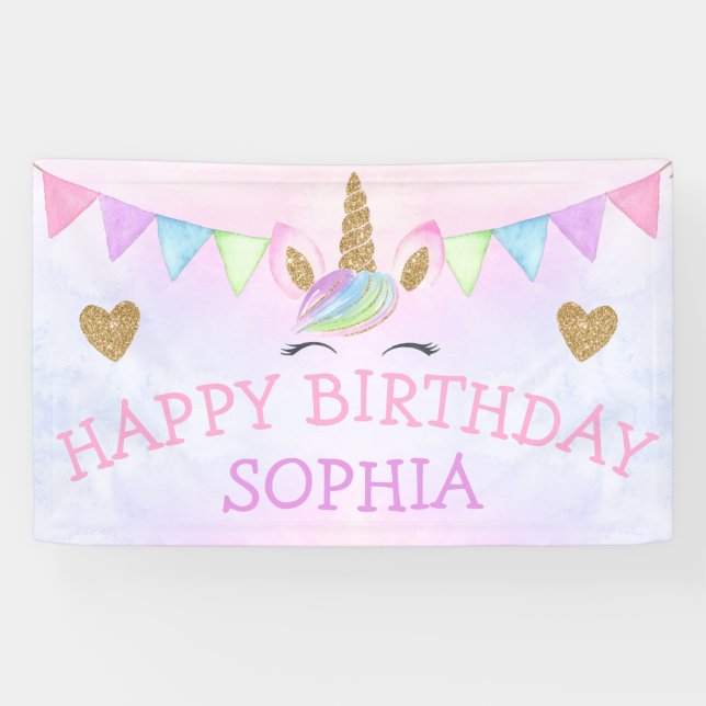 Gold Glitter Watercolor Rainbow Unicorn Girl Party Banner (Horizontal)
