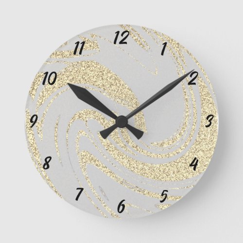 Gold Glitter Wave Pattern Beige Ivory Cream Decor Round Clock