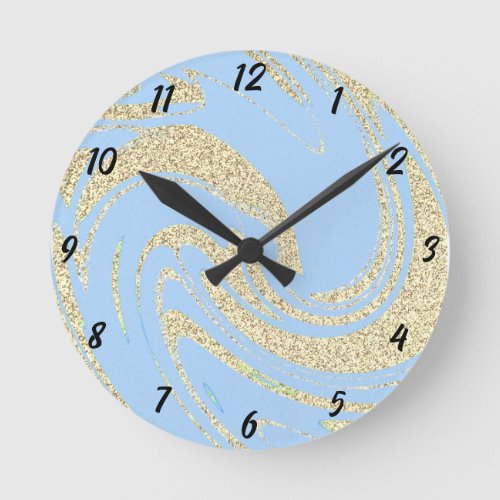 Gold Glitter Wave Pattern Blue Girly Nursery Decor Round Clock